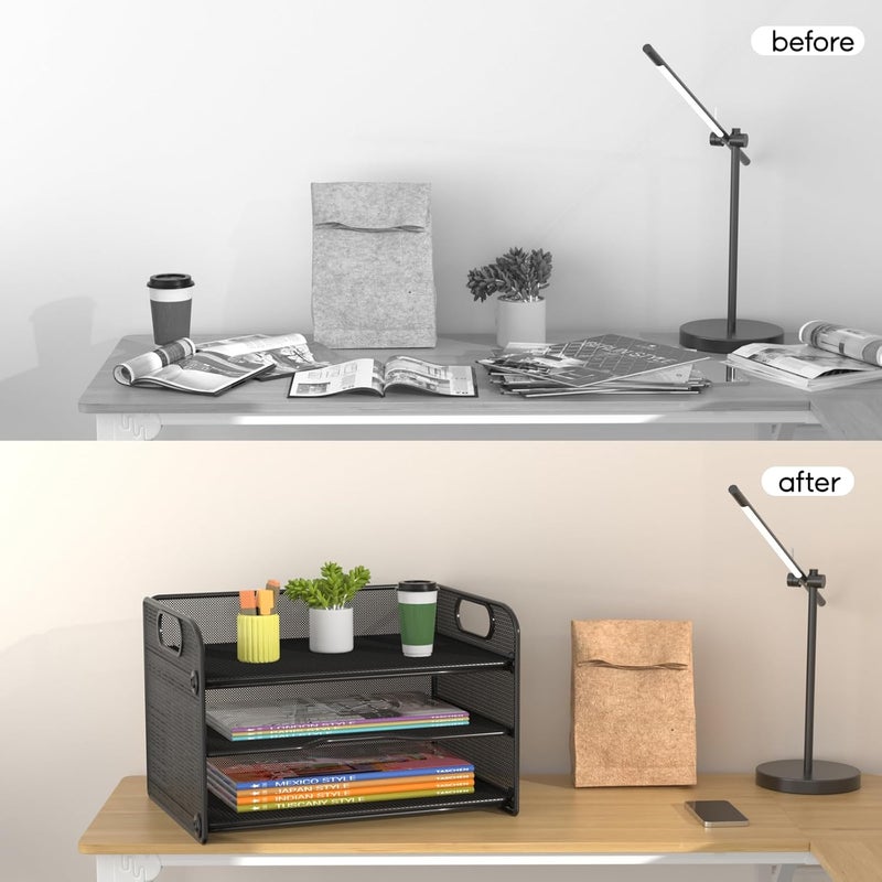 Samstar 3 Tier Letter Tray Paper Organizer with Handle, Mesh Desk Organizer Paper Sorter File Rack Shelves, Black - Image 5